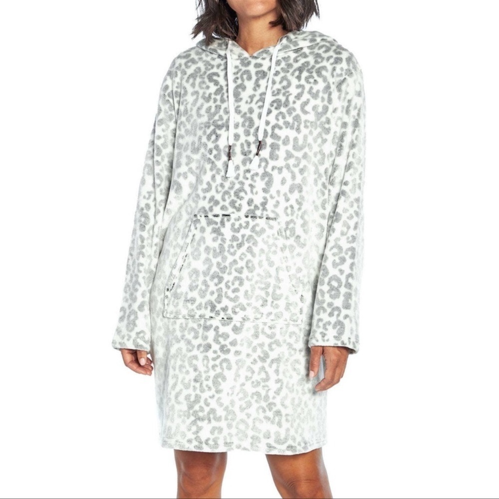 WILDFOX Oversized Leopard Print Fleece Hoodie Dress Loungewear Pajamas S/M